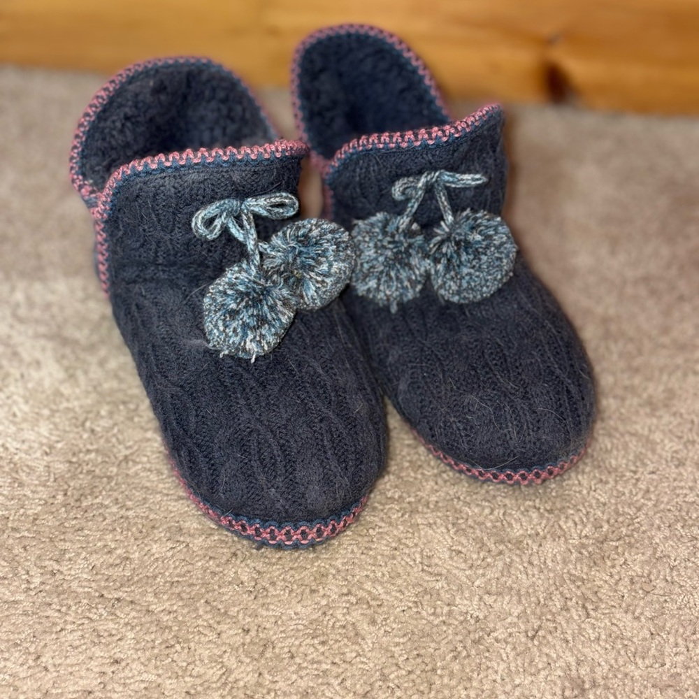 Muk Luks Navy Knit Pom-Pom Slippers with Pink Trim